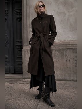 Stüssy Women’s Wool Blend Long Coat Brown High Collar Belted Size Large
